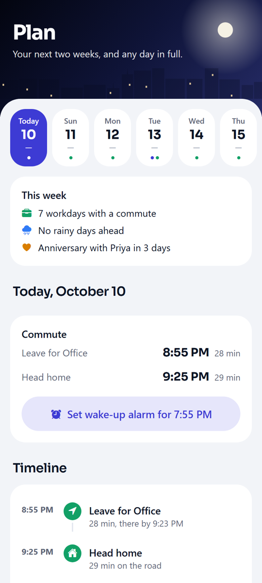 Plan tab with a 14-day strip, week summary and timeline