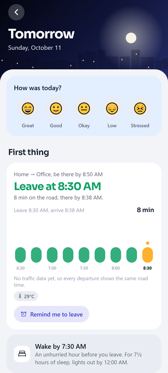 Evening reset with tomorrow's leave time and a checklist