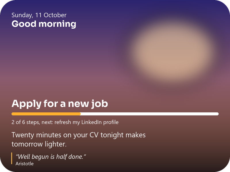 My why widget: a photo with the goal Apply for a new job, a progress bar, a line for today and a quote