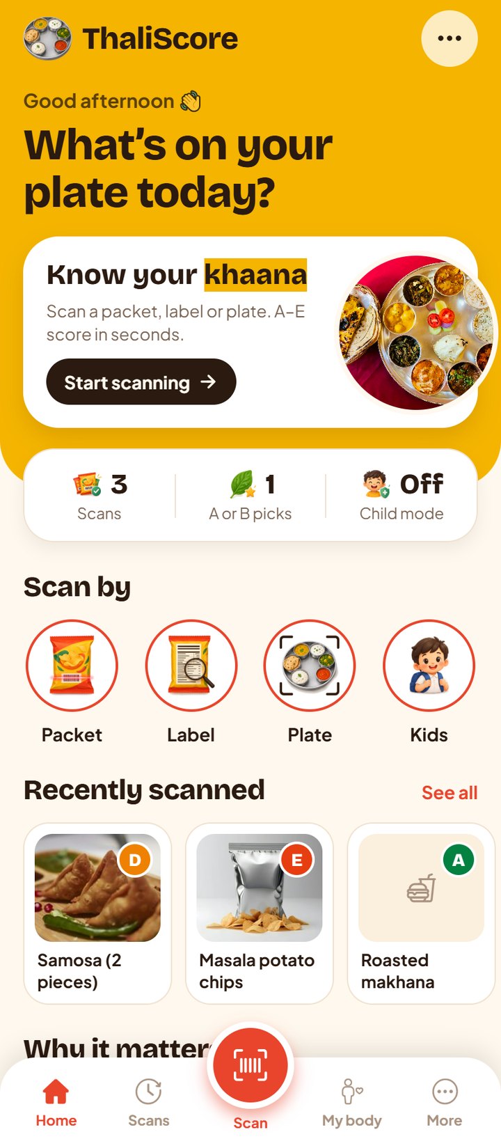 Home screen with the Scan by shortcuts and a raised camera button
