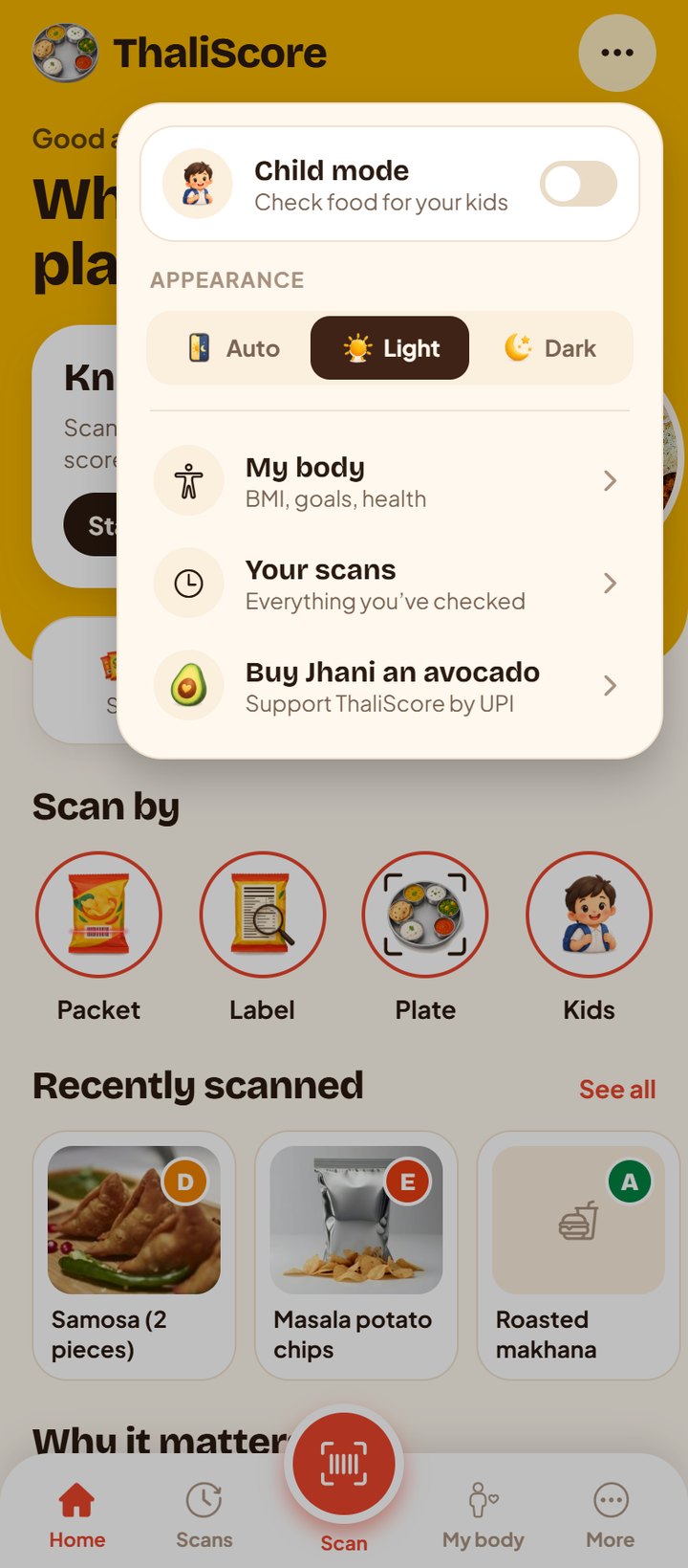 Menu with Child mode, appearance and My body